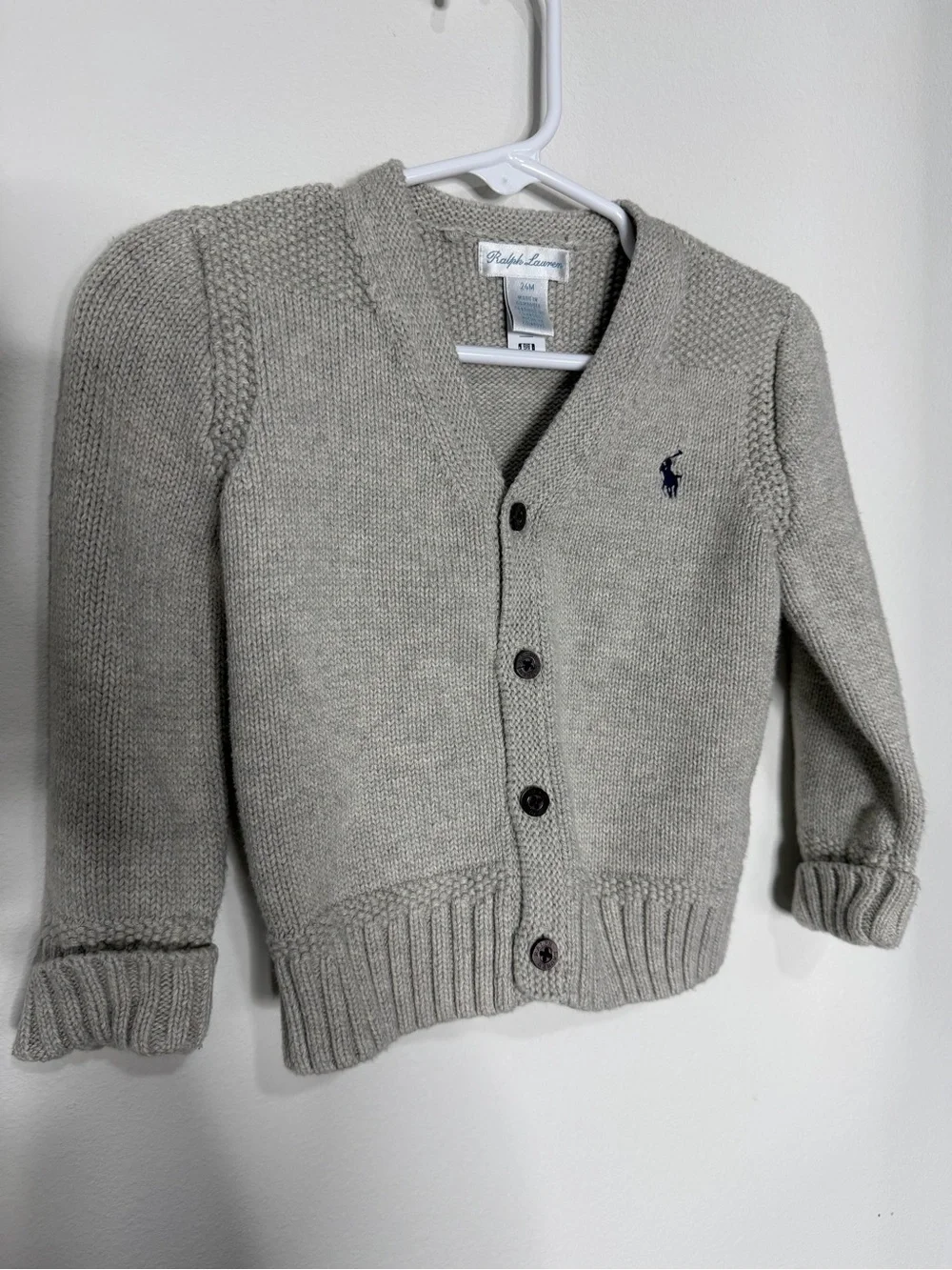 Ralph Lauren Kids Light Gray Knit Button Cardigan with Navy Pony
